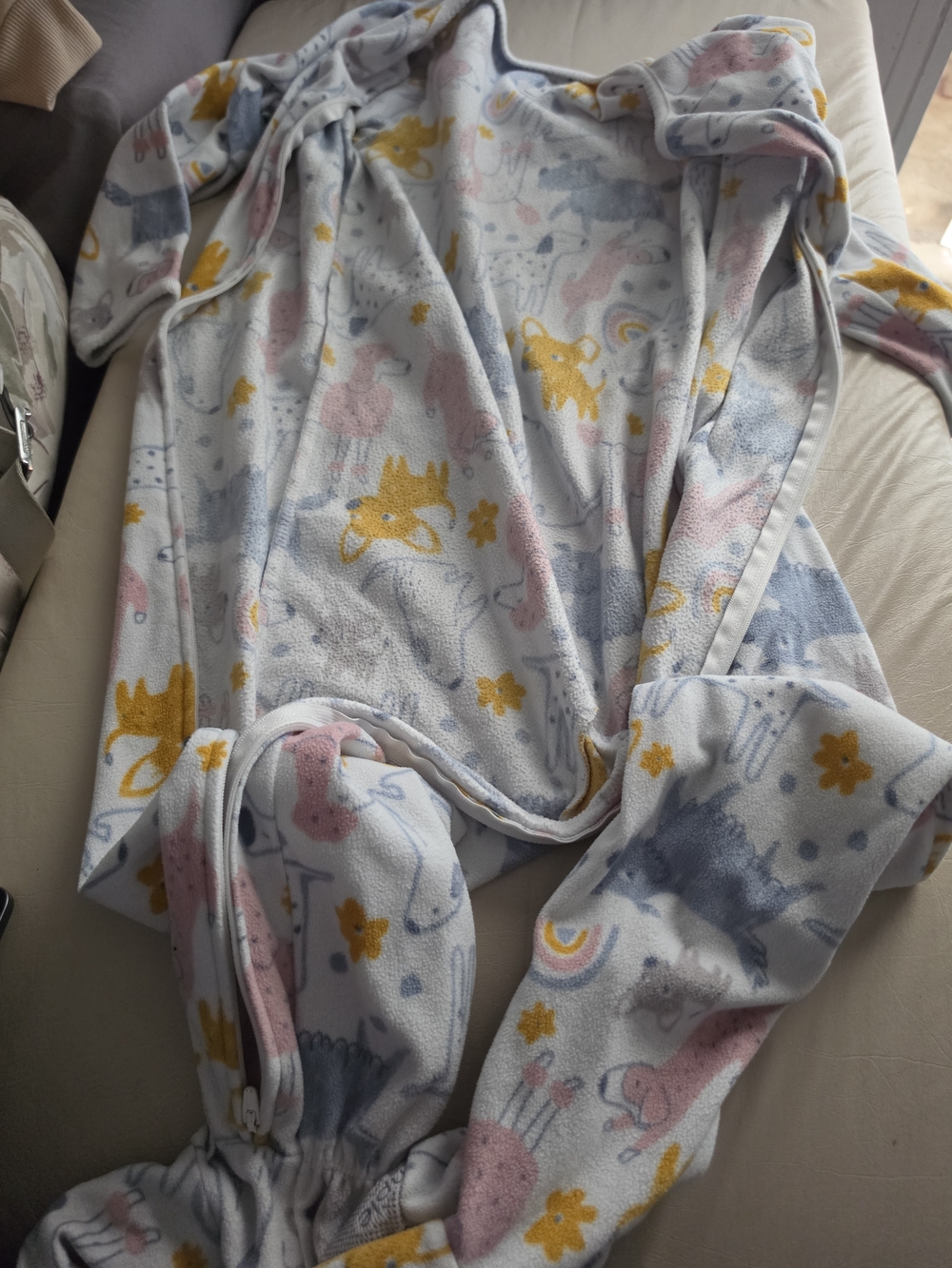 Kids' Fleece One-Piece Pajamas in White with Pink & Yellow Animal Print - Picture 2 of 3